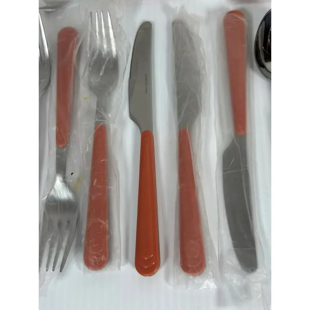 19 Pieces Flatware Piece Set Coral Pink Salmon Plastic Handles MCM Made In China